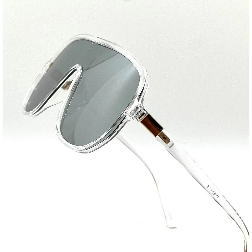Men's Oversized Shield Sunglasses Clear‎ Frame Grey Lens Fashion Eyewear Lentes